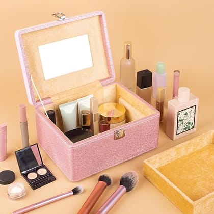 Makeup Box - Vanity Box for Women Bridal - Cosmetic Box Organiser, Durable, Stylish Finish for Home or Travel, Large Capacity Beauty Case for Brushes, Lipsticks & Skincare, (Pink)
