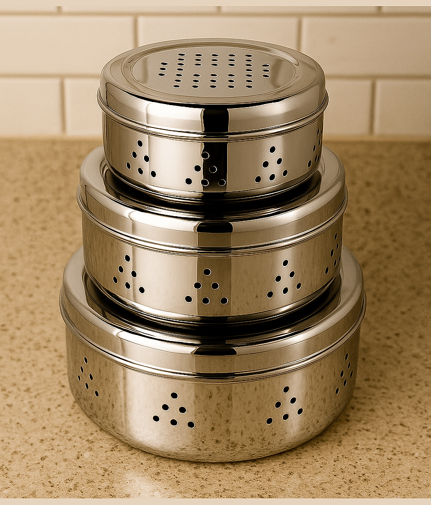 Visaxmi Dhaniya Dabba Steel Silver Utility Container ( Set of 3 )