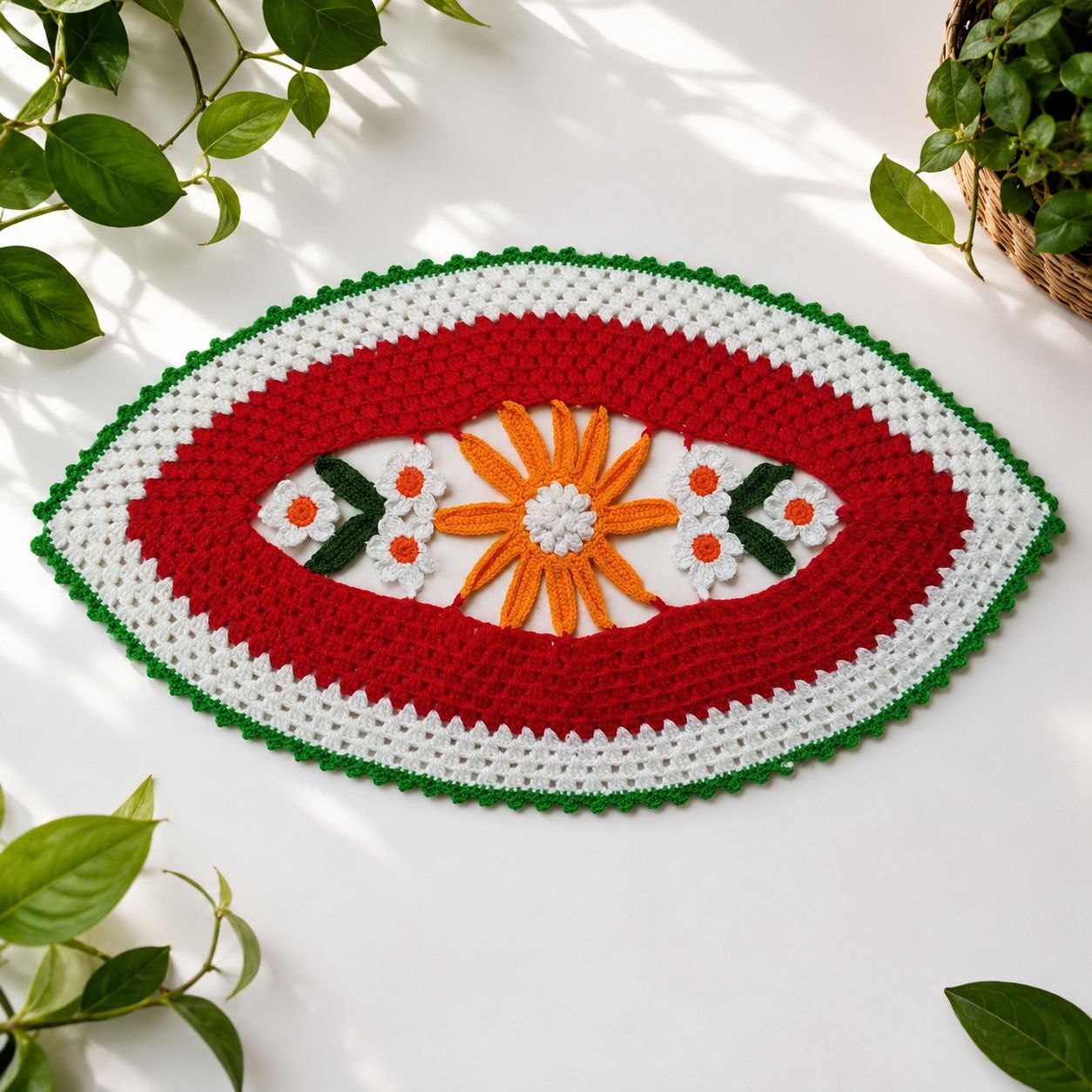 Aai's Handmade Tricolor Floral Crochet Table Runner / Centerpiece Mat (22 x 12 Inches, Item Code - SN0015V1)