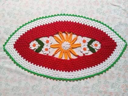 Aai's Handmade Tricolor Floral Crochet Table Runner / Centerpiece Mat (22 x 12 Inches, Item Code - SN0015V1)