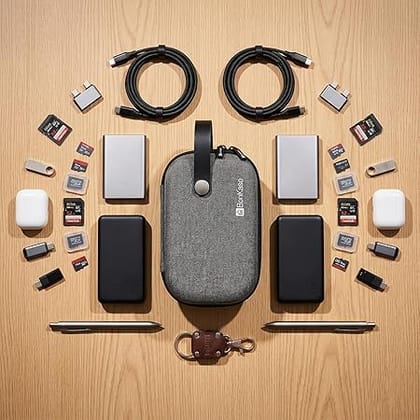 BonKaso Tech Organizer Pouch Hard Shell – Travel Electronics Accessories Case for Charger, USB Cable, Power Bank, Earphones & Hard Drive (Grey)
