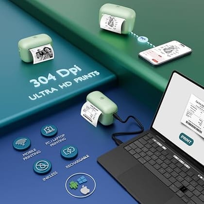 SEZNIK Mini Printer, Ultra HD Print 304 dpi | Inkless | Portable | Bluetooth Compatible with Android iOS | 1 Year Warranty (Mini-UltraHD-Green)