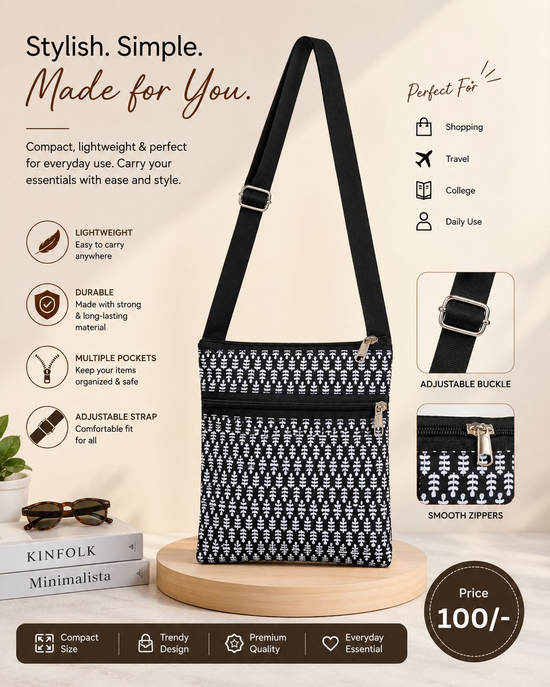 Style with Parulba Printed Crossbody Sling Bag for Women | Adjustable Strap | Lightweight Multipurpose Travel & Mobile Pouch | Zipper Closure | Black & White
