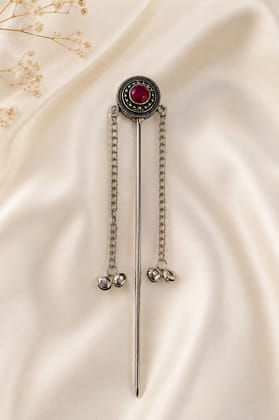 Traditional Oxidised Silver Juda Stick with Red Stone & Dual Chain Tassel Hair Pin for Women