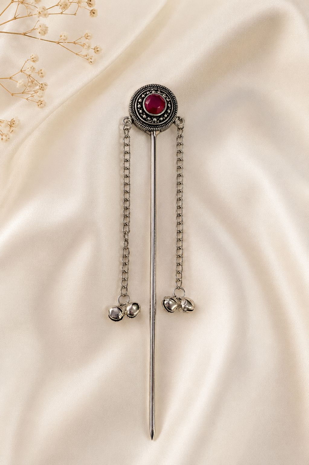 Traditional Oxidised Silver Juda Stick with Red Stone & Dual Chain Tassel Hair Pin for Women