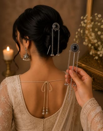 Traditional Oxidised Silver Juda Stick with Black Stone & Dual Chain Tassel Hair Pin for Women