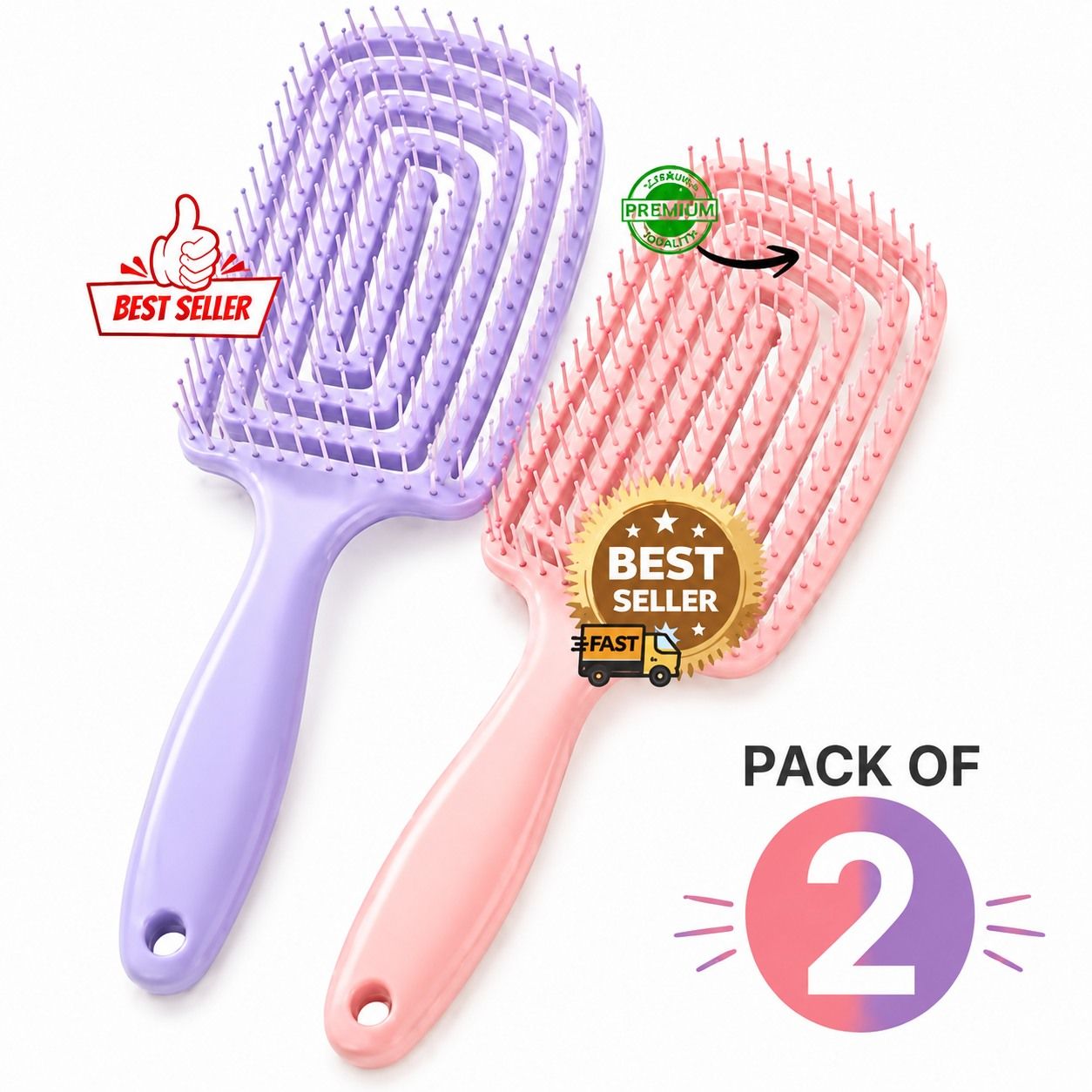 Pack of 2 Premium Detangling Hair Brush for Women & Men | Anti-Tangle Soft Bristle Hair Comb for Smooth & Frizz-Free Hair