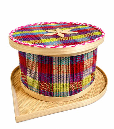 Multicolor Woven Bamboo Round Jewelry Box with Lid and Mat