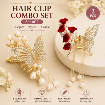Set of 2 Premium Butterfly & Floral Pearl Hair Claw Clips Set of 2 Premium Butterfly & Floral Pearl Hair Claw Clips