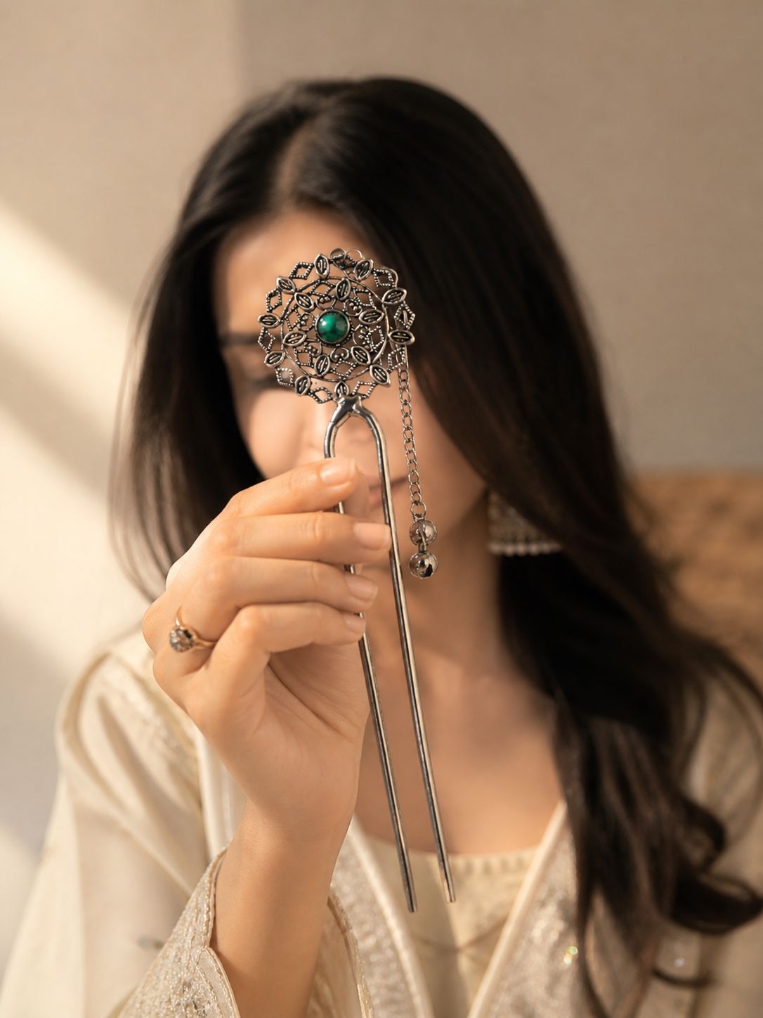 Blubby Elegant Oxidised Silver Juda Stick for Women Floral Hair Bun Pin