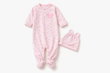 Baby Girls' Pink Heart Print Cotton Sleepsuit & Cap Set
