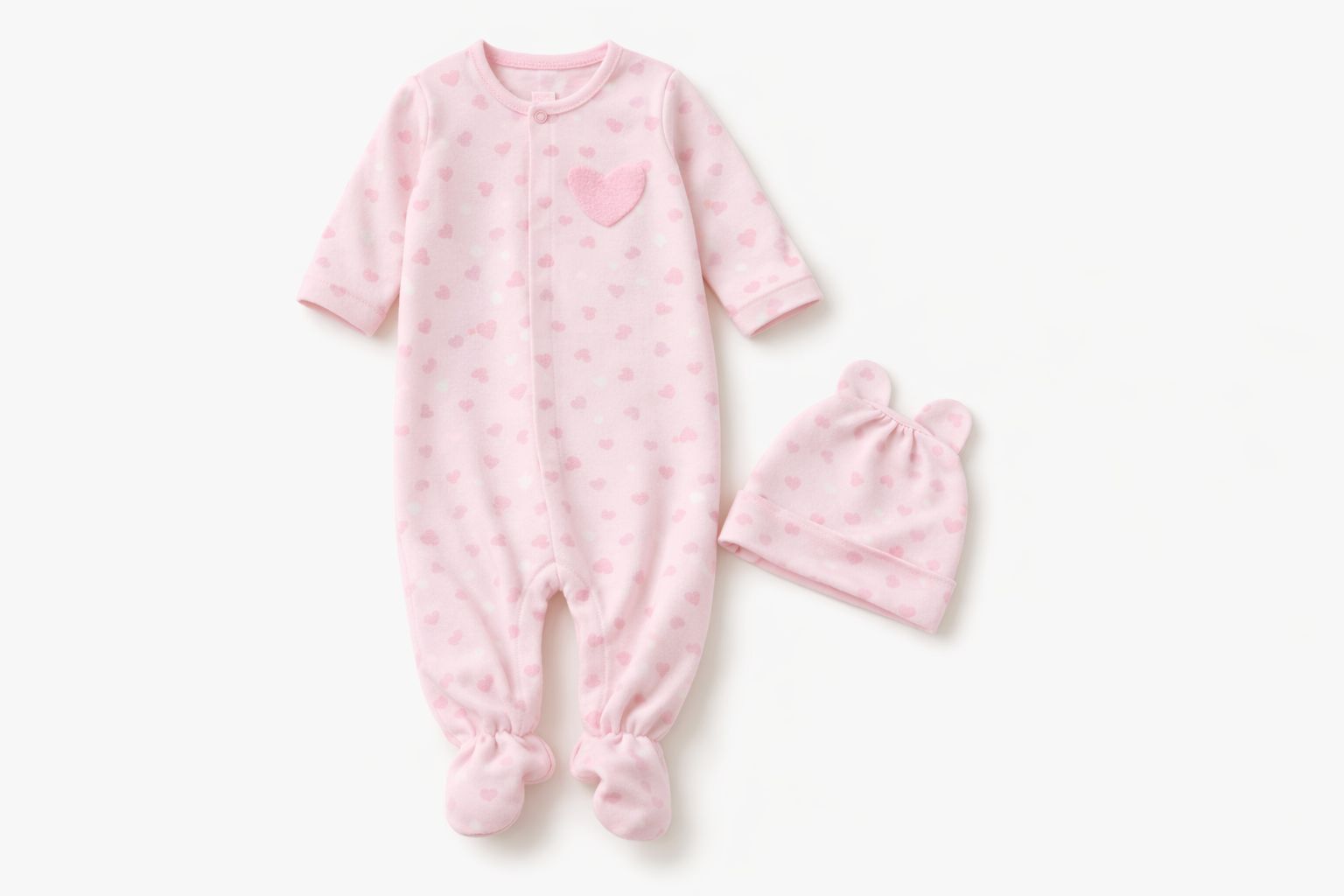 Baby Girls' Pink Heart Print Cotton Sleepsuit & Cap Set