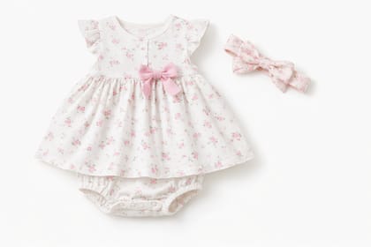Baby Girls' Floral Cotton Dress Romper with Matching Bow Headband