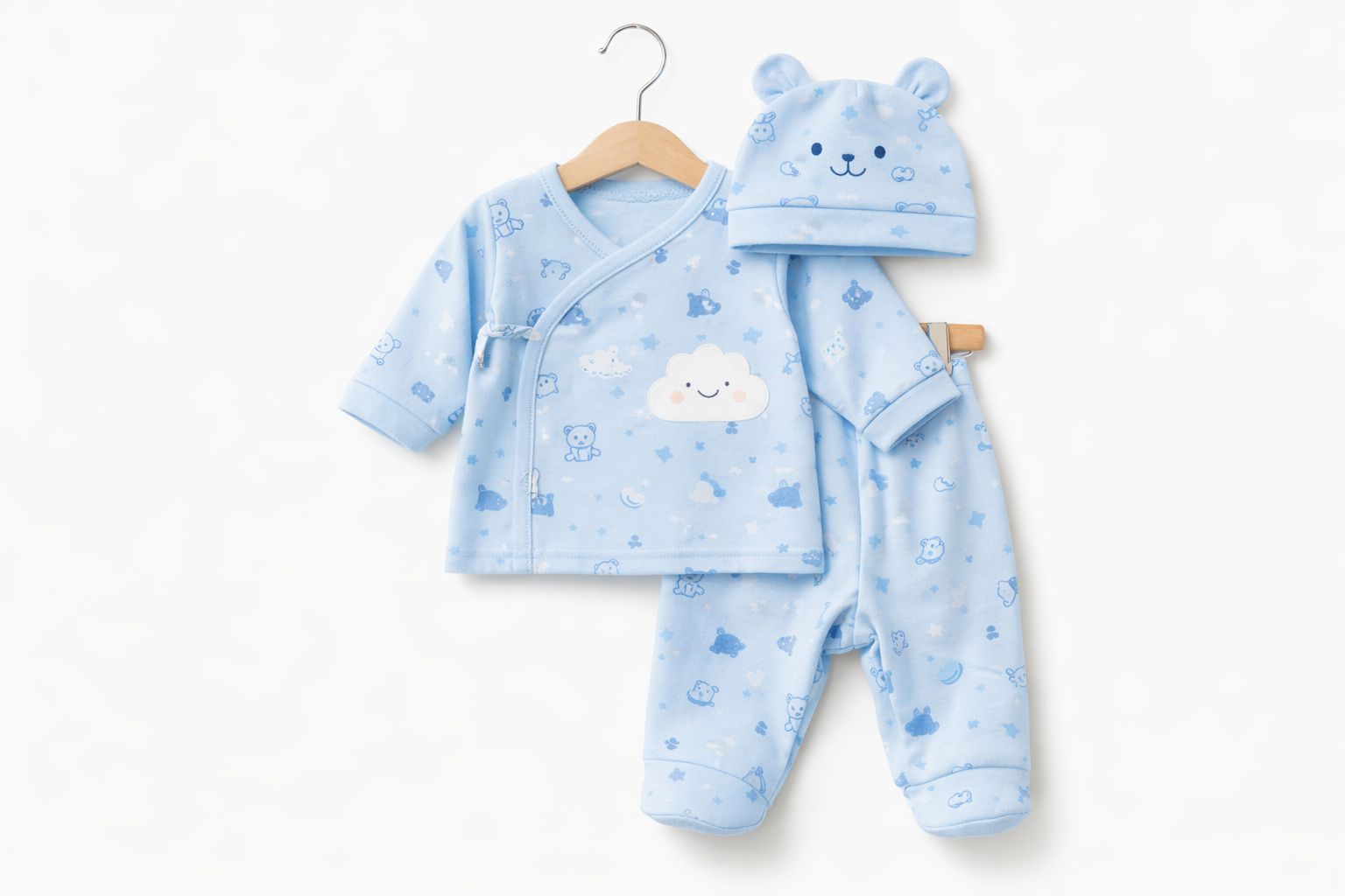 Baby Boys 3-Piece Cotton Clothing Set with Cap – Sky Blue Cloud Print