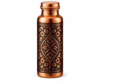 Handcrafted Engraved Copper Water Bottle - Traditional Floral Design