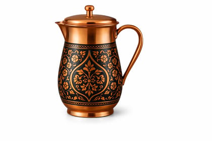 Handcrafted Engraved Copper Water Jug with Floral Patina Design