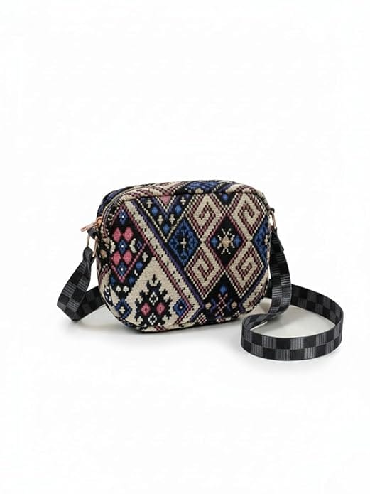 Women's Ethnic Jute Sling Bag with Adjustable Checkered Strap