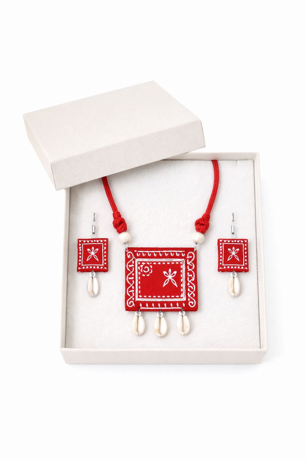 Handcrafted Red Fabric Necklace & Earrings Set with Tribal Embroidery and Cowrie Shells