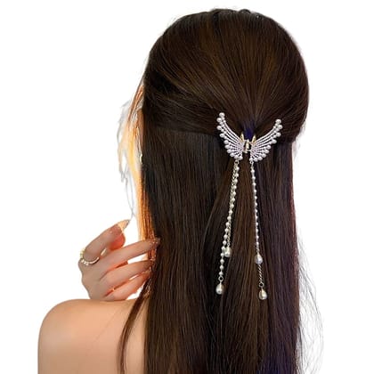 Blubby Premium White Butterfly Metal Hair Claw Clip for Women & Girls | Elegant Pearl Tassel Hair Clutcher | Strong Hold Fashion Hair Accessory