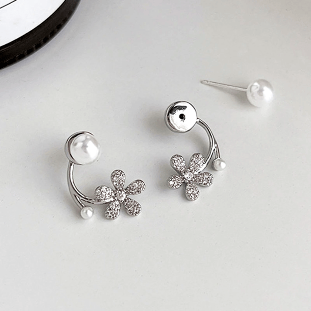 CHASAU Silver Tone Pearl and Crystal Flower Front Back Earrings
