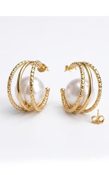 Gold Plated Multi-Layer Hoop Earrings with Large White Pearls