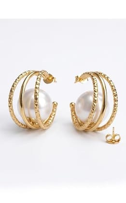Gold Plated Multi-Layer Hoop Earrings with Large White Pearls