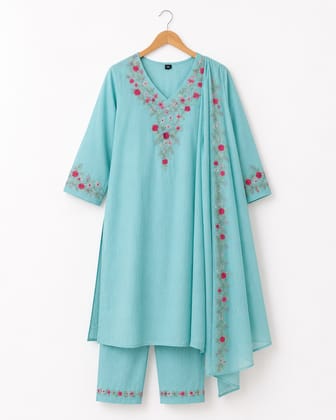 Light Blue Embroidered Cotton Kurta 