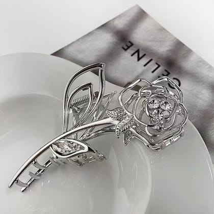 Elegant Silver Rose Flower Hair Claw