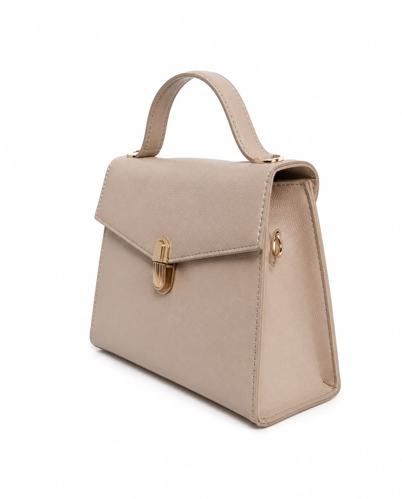 Structured Beige Faux Leather Top-Handle Handbag with Gold-Toned Hardware