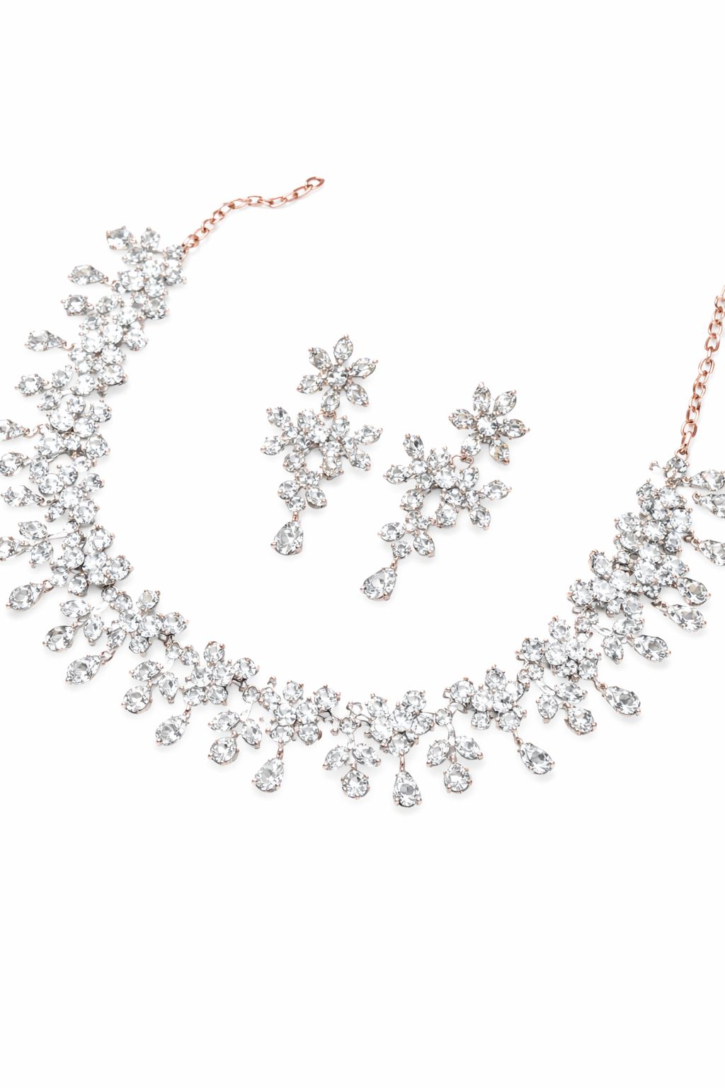 Rose Gold Tone Floral Cluster Crystal Necklace & Dangle Earring Set