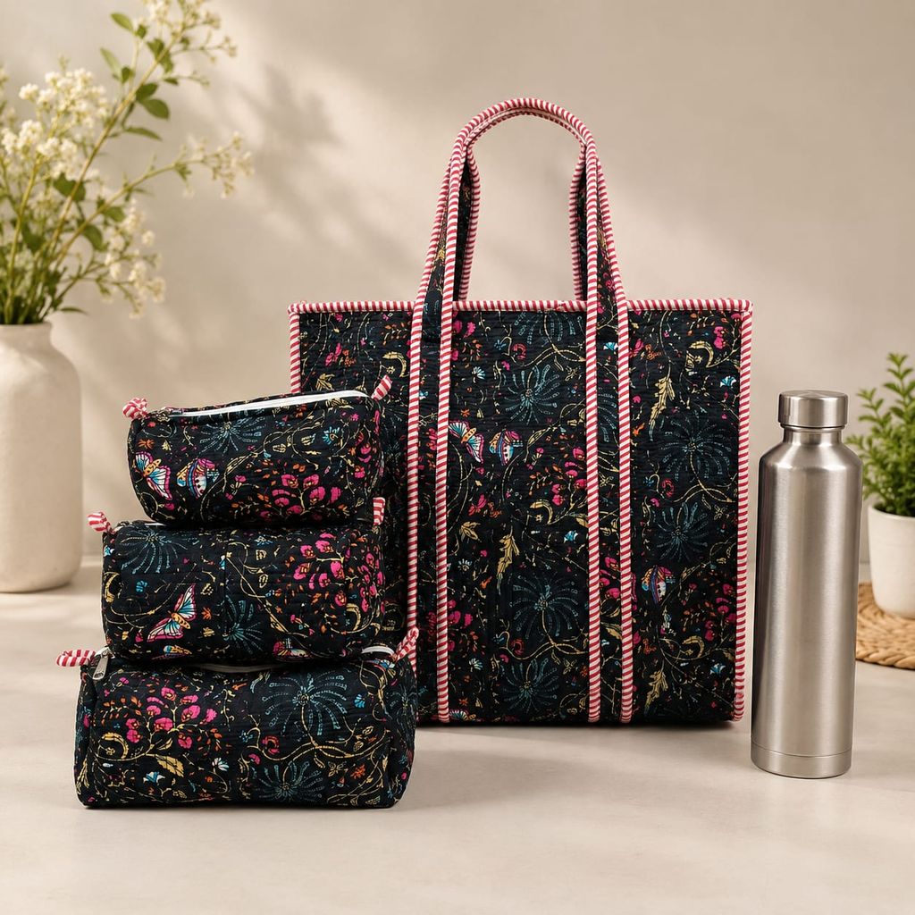 Assorted Fabric Tote Bag with 3 Pouch Organizers Set
