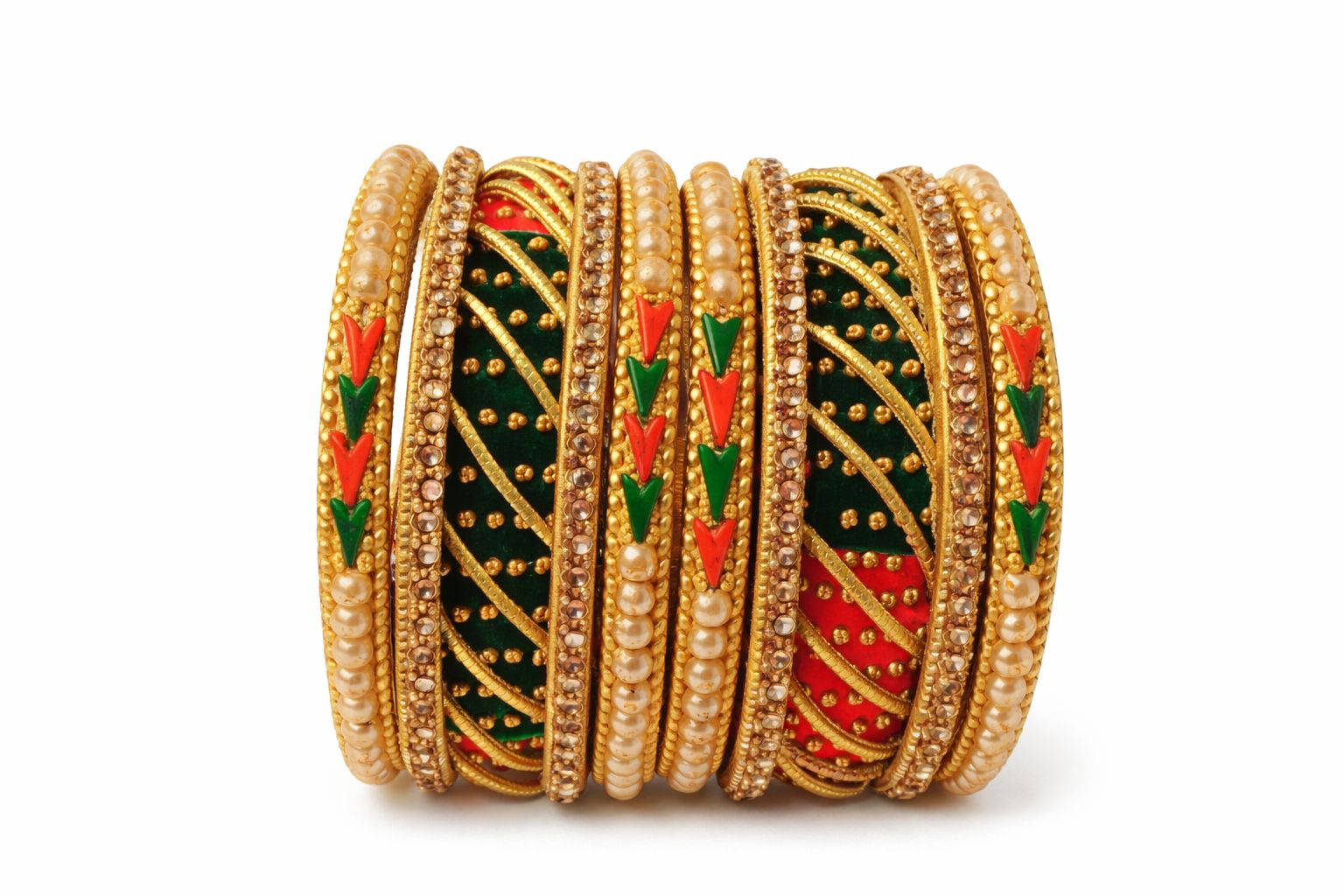 Multi-Color Pearls and Stone Studded Gold Plated Bangle Set for Women