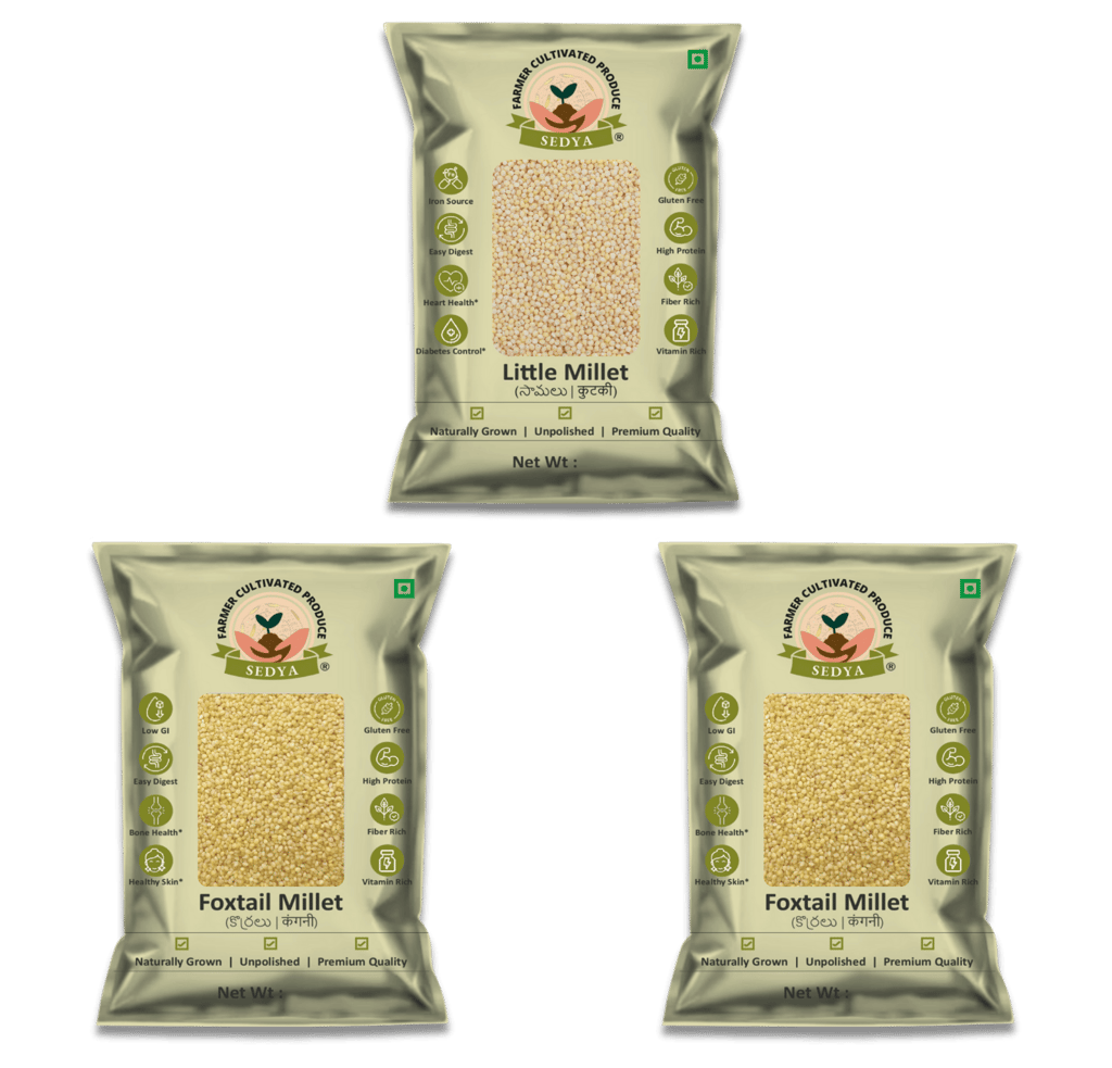 Sedya Three Millet Combo Whole Grains | Little Millet 500 g & Foxtail Millet 500 g, 2 Packs | Certified Low GI | Samai, Korralu | Gluten Free | Unpolished, Toasted, No Soaking Required | High Plant Protein & Fibre | Total 1.5 Kg