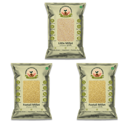 Sedya Three Millet Combo Whole Grains | Little Millet 500 g & Foxtail Millet 500 g, 2 Packs | Certified Low GI | Samai, Korralu | Gluten Free | Unpolished, Toasted, No Soaking Required | High Plant Protein & Fibre | Total 1.5 Kg