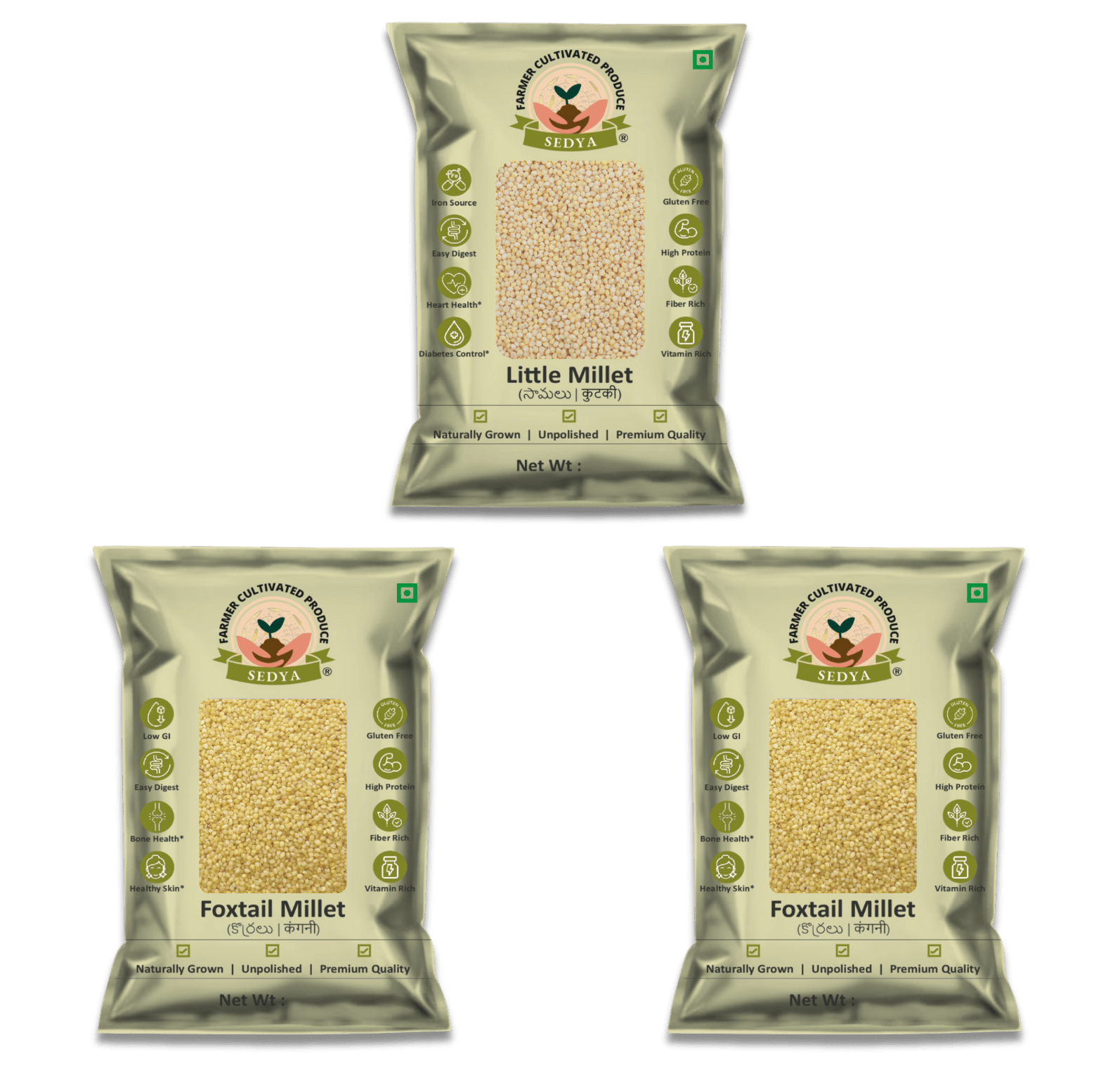 Sedya Three Millet Combo Whole Grains | Little Millet 500 g & Foxtail Millet 500 g, 2 Packs | Certified Low GI | Samai, Korralu | Gluten Free | Unpolished, Toasted, No Soaking Required | High Plant Protein & Fibre | Total 1.5 Kg