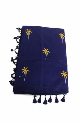 Blue Embroidered Palm Tree Beach Stole with Tassels