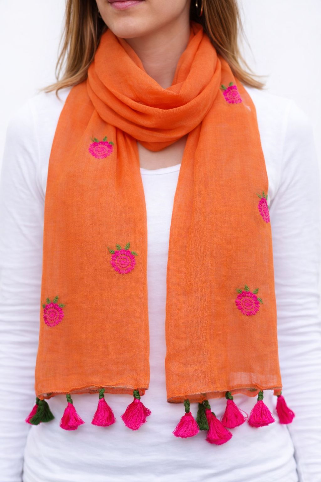 Orange Embroidered Scarf with Floral Motifs and Tassels