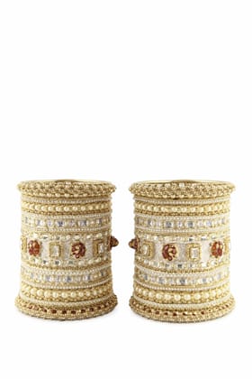 Traditional Gold-Plated Bridal Chura Bangle Set with Pearls and Red Kundan