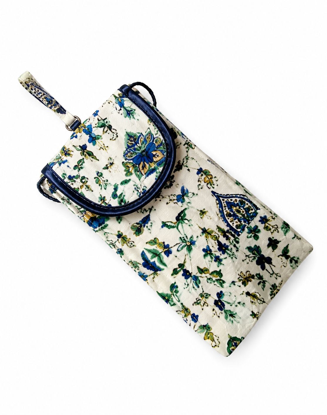 Cream & Blue Floral Block Print Mobile Pouch with Crossbody Strap