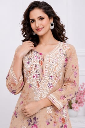 Women's Peach Floral Printed Embroidered Kurti | Elegant Casual & Ethnic Wear