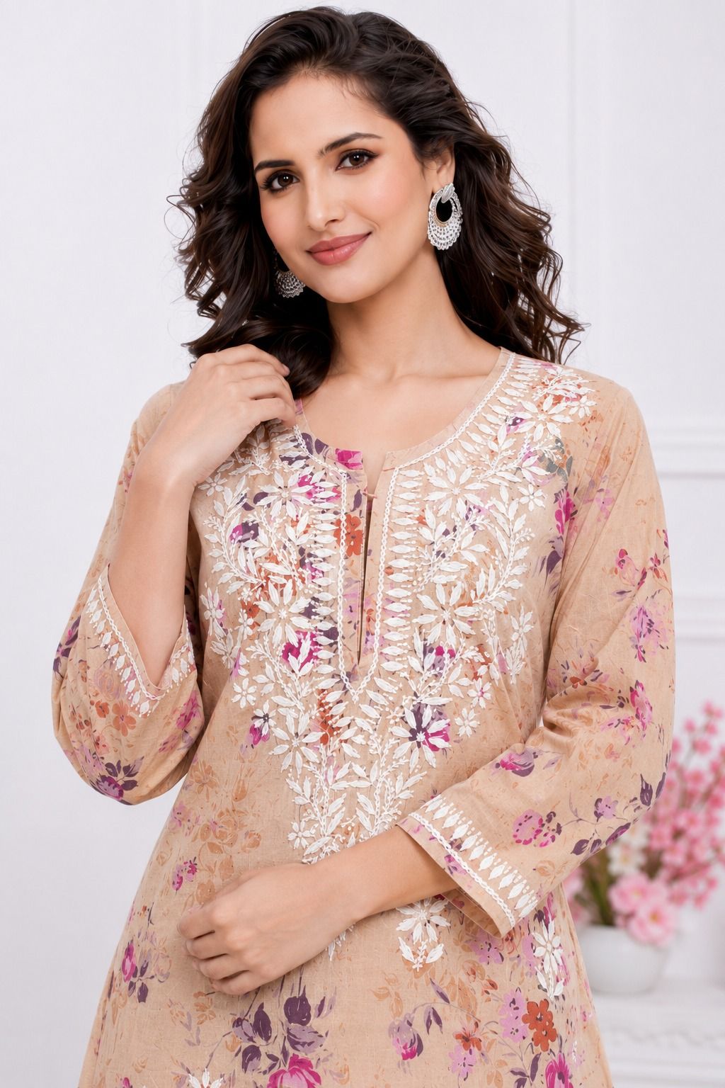 Women's Peach Floral Printed Embroidered Kurti | Elegant Casual & Ethnic Wear