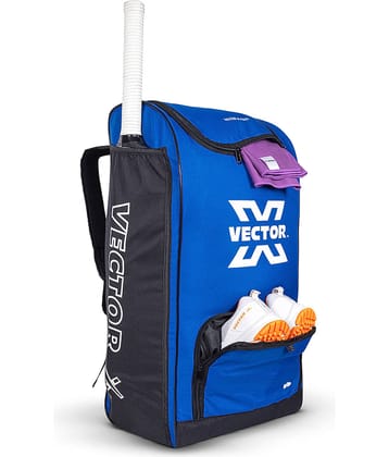 Vector X Greenfield 60 Ltr. PU Polyester Cricket Backpack Senior Kit Bag Without Wheel|1 Pocket for Bat|Shoe & Accessories Pockets |1 Water Bottle Holders|Lightweight |Dual Opening (Blue - Black)