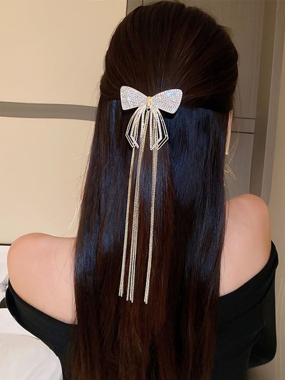 Sparkling Bow Hair Claw Clip with Tassel Chain