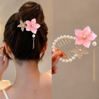 Elegant Pearl Floral Hair Comb with Tassel