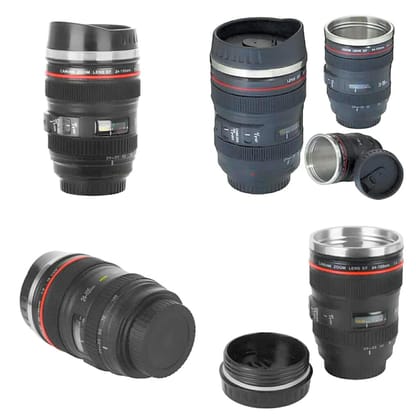 Lifeori Camera Lens Coffee Mug | Steel Insulated Travel Mug, Thermos (400 ML, Black)