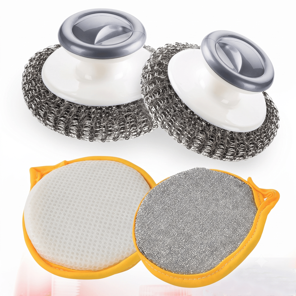 Lifeori 2-in-1 Kitchen Cleaning Combo | Double-Sided Non-Scratch Dish Sponge, Steel Wire Scrubber, Handle Dish Brush & Heavy-Duty Scrub Pad for Utensils, Sink & Bathroom