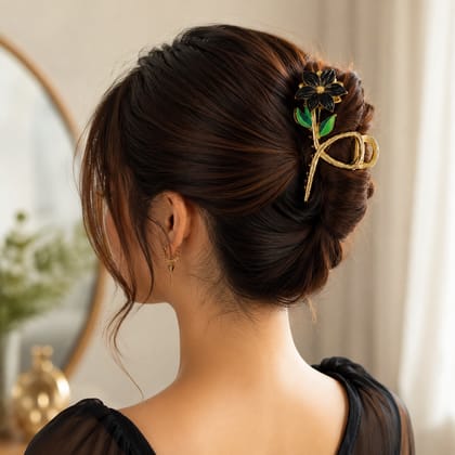 Elegant Gold Black Lily Floral Metal Hair Claw