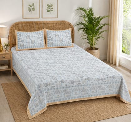 DHRUVINSRI Kantha Print Cotton King Size Bed Bedsheet with 2 Pillow Covers, 90 * 108 Inches .220TC, Bamboo Cotton, Summer Bedsheet