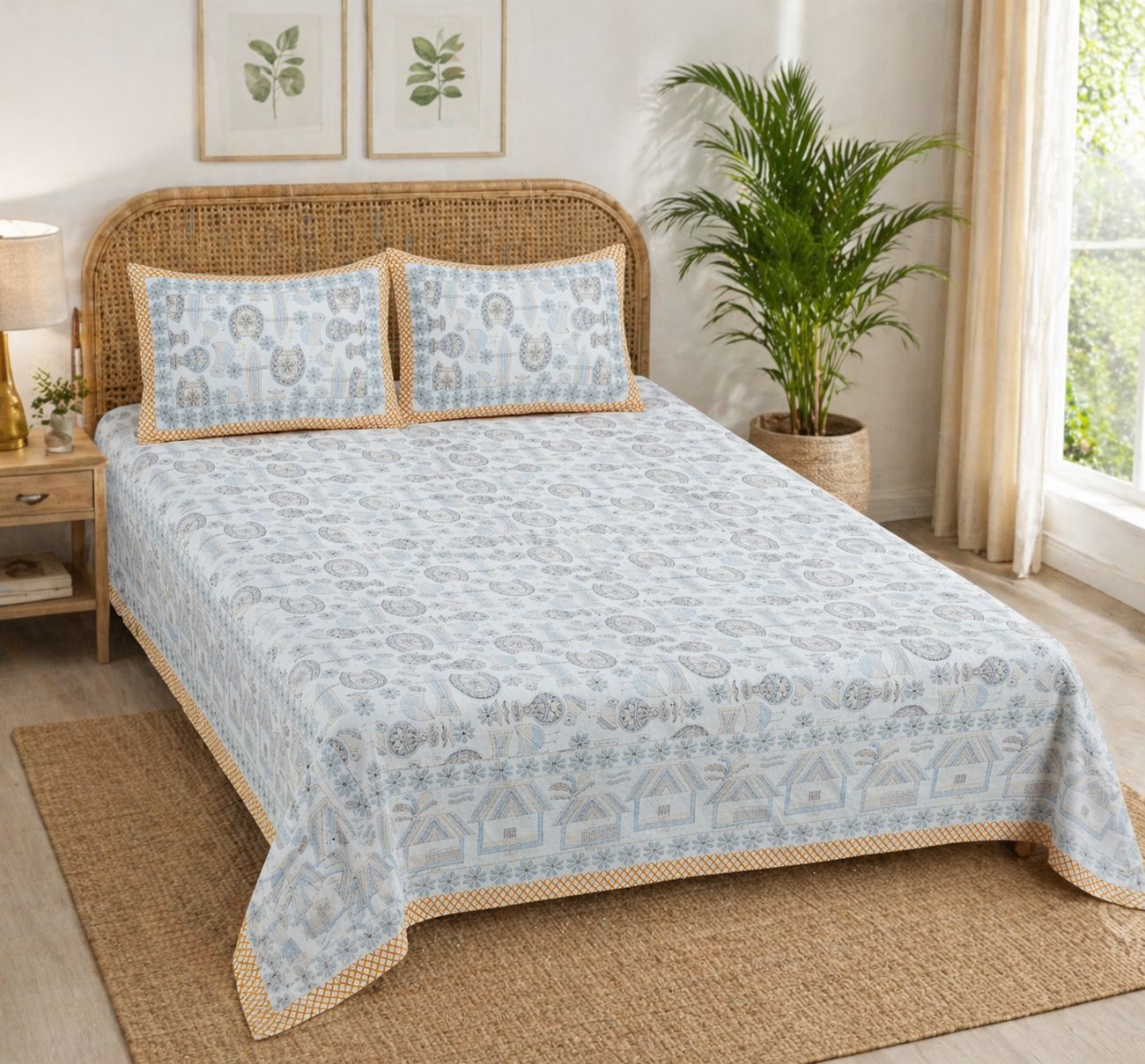 DHRUVINSRI Kantha Print Cotton King Size Bed Bedsheet with 2 Pillow Covers, 90 * 108 Inches .220TC, Bamboo Cotton, Summer Bedsheet