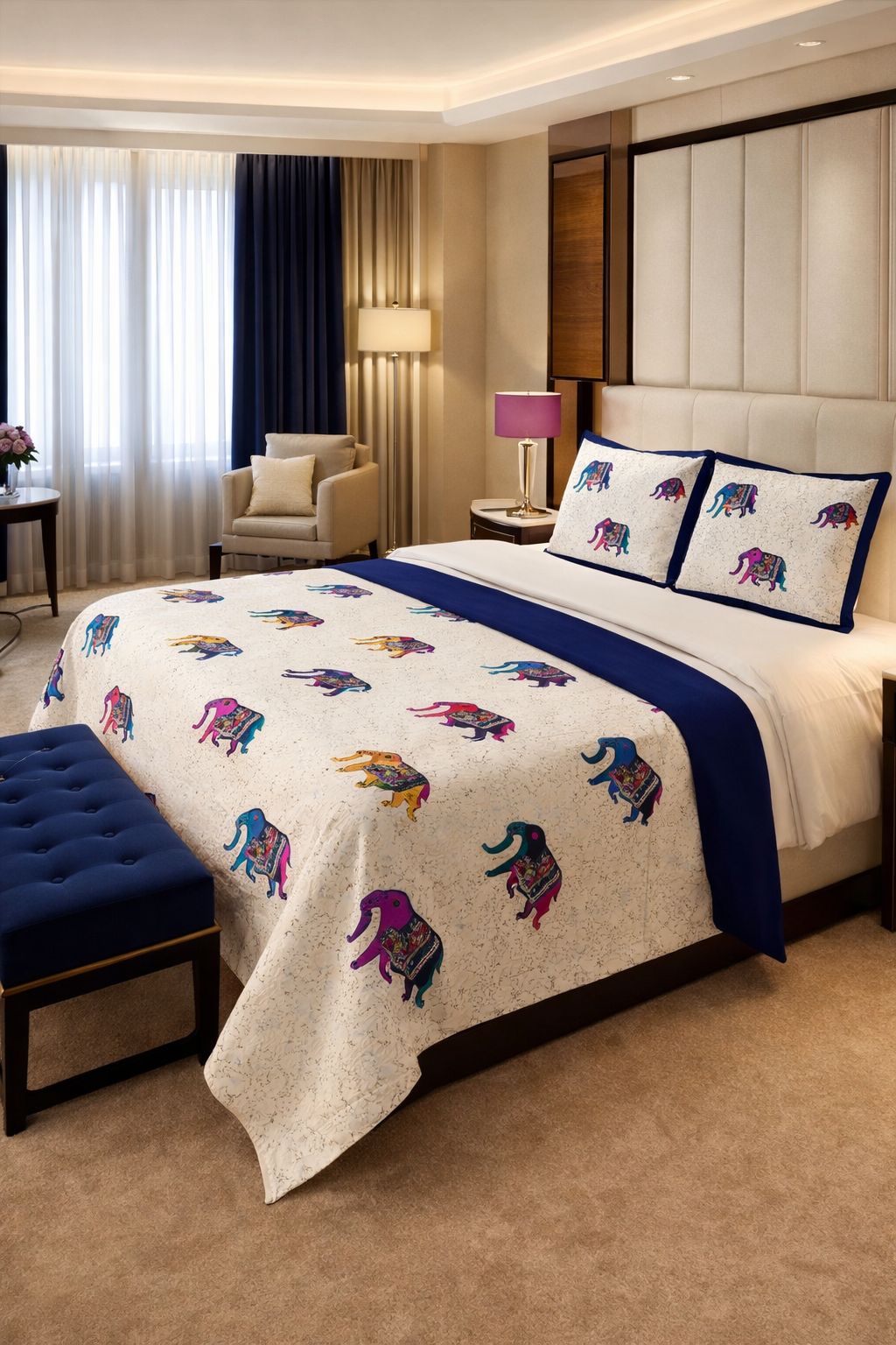 DHRUVINSRI Elegant Premium Cotton Super King Size 275 x 275 cm with 2 Pillow Covers, Heritage Elephant Deign-white